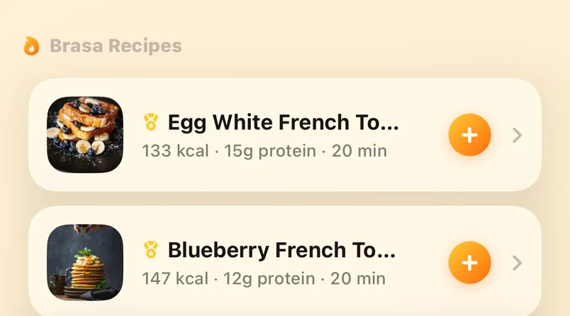 Brasa Recipes: Egg White French Toast, 133 kcal, 15 g protein; Blueberry French Toast, 147 kcal, 12 g protein.