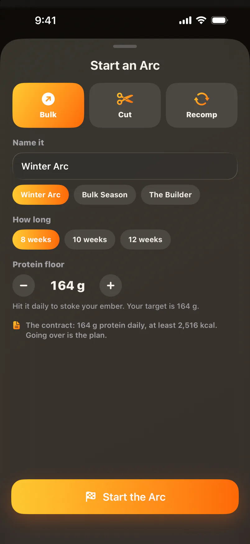 Start an Arc: Bulk selected, named Winter Arc, 8 weeks, 164 g protein floor.