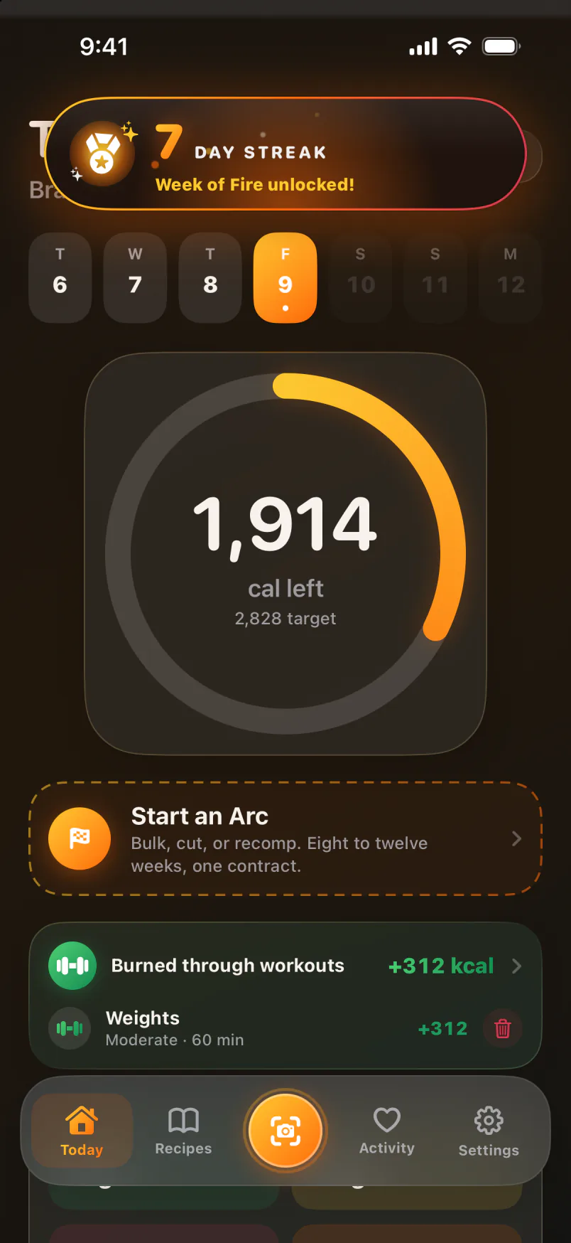Today screen with a toast: 7 day streak, Week of Fire unlocked.