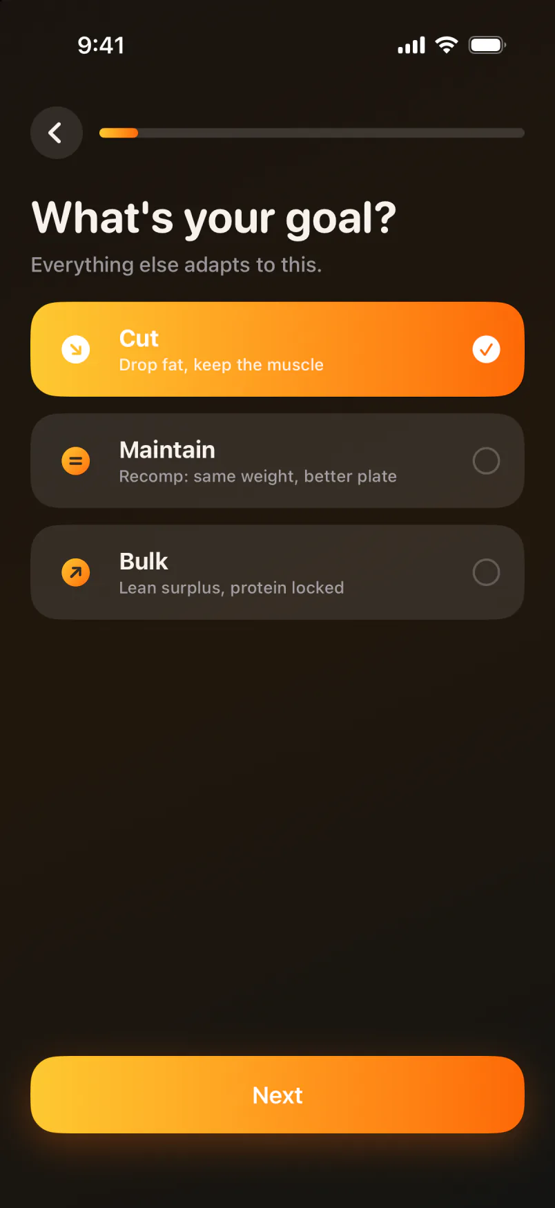 Brasa asks: What's your goal? Cut, Maintain or Bulk.