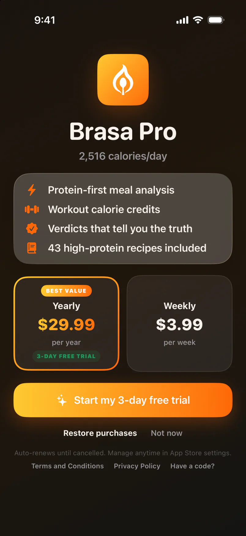 Brasa Pro paywall: Yearly $29.99 per year with a 3-day free trial, Weekly $3.99 per week.