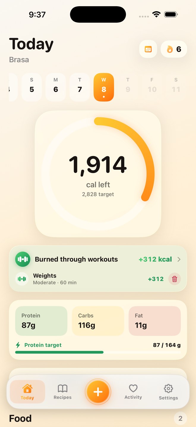 The Brasa Today screen: 1,914 calories left of a 2,828 target, +312 kcal earned from a weights workout, protein at 87 of 164 grams